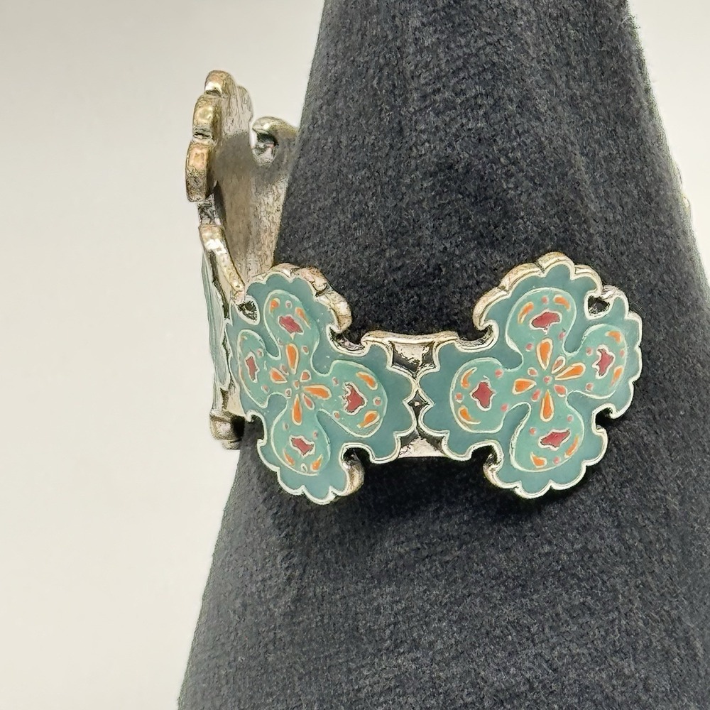 Lucky Brand Enamel Maltese Cross Cuff Bracelet Teal Silver Tone Boho Western - Picture 4 of 9